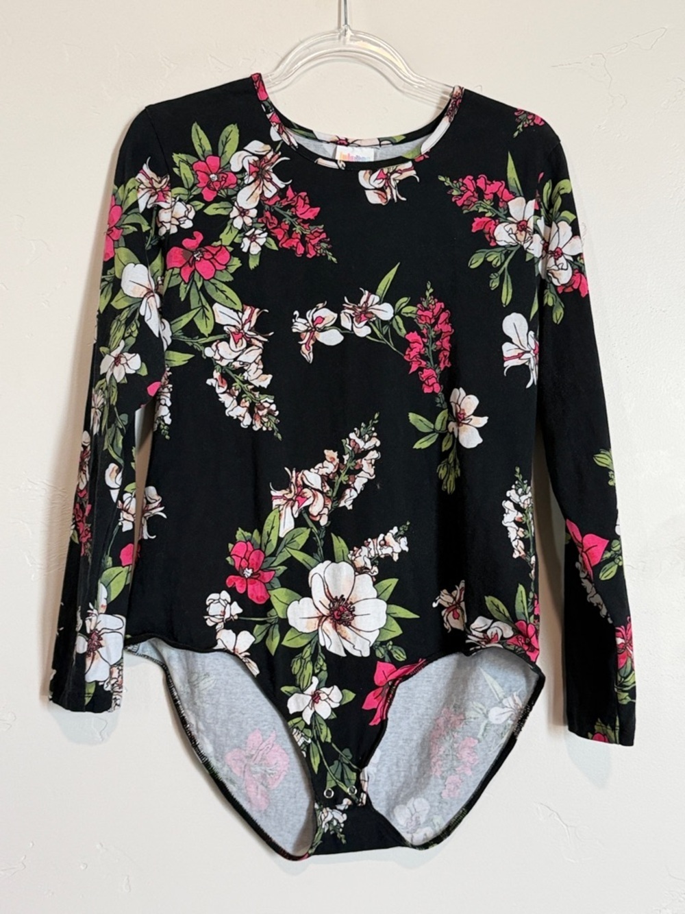 LuLaRoe Black Floral Scoop Neck Top with Pink Accents